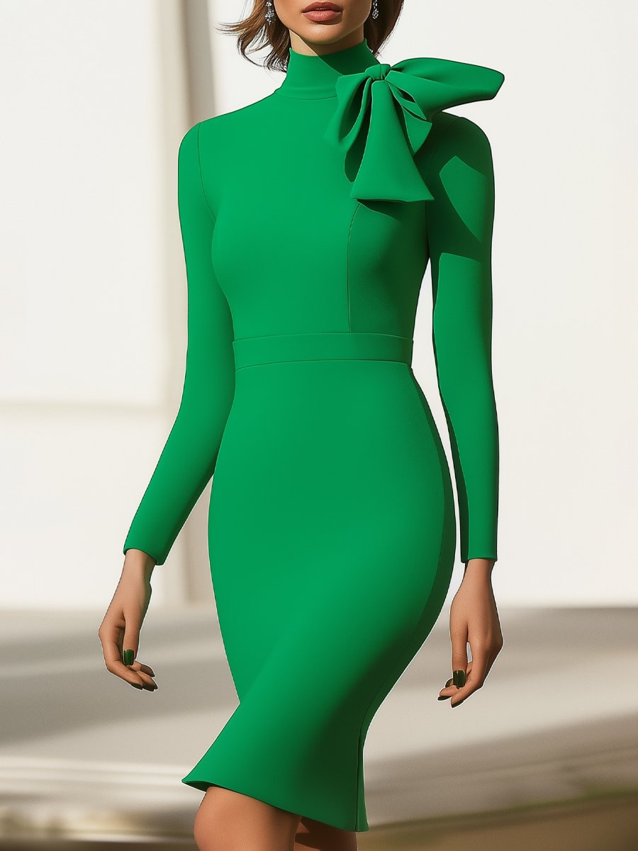 Elegant Long-Sleeve Green Dress with Feminine Bow Detail