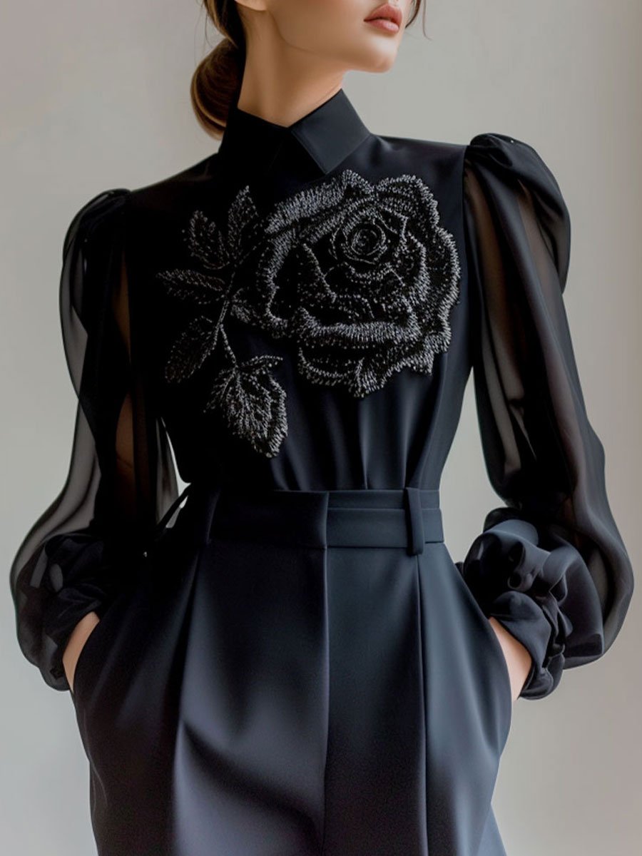 Sophisticated Sheer Sleeve Blouse with Floral Embellishment