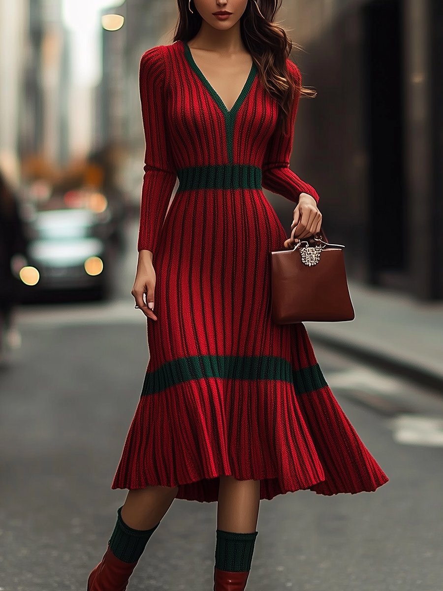 Vibrant Red Knit Dress with Green Stripe Details