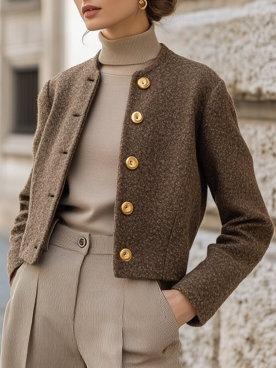 Minimalist Textured Brown Wool-Blend Jacket with Decorative Buttons