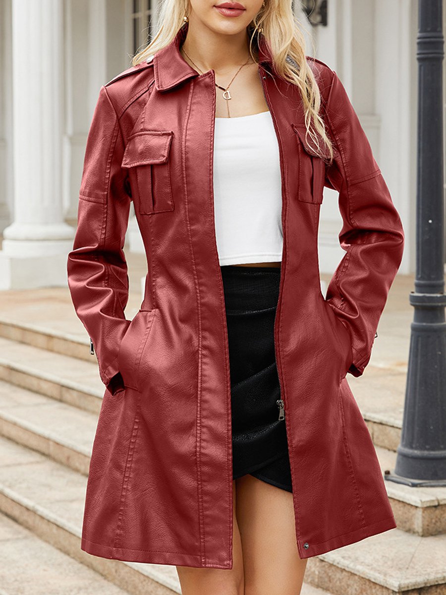 Classic Faux Leather Plain Long-sleeved Trench Coat with Belt