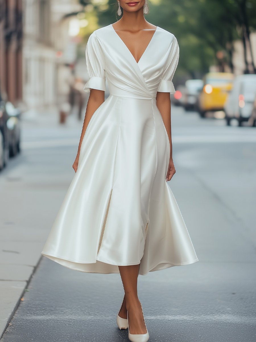 Elegant White Satin Midi Wrap Dress