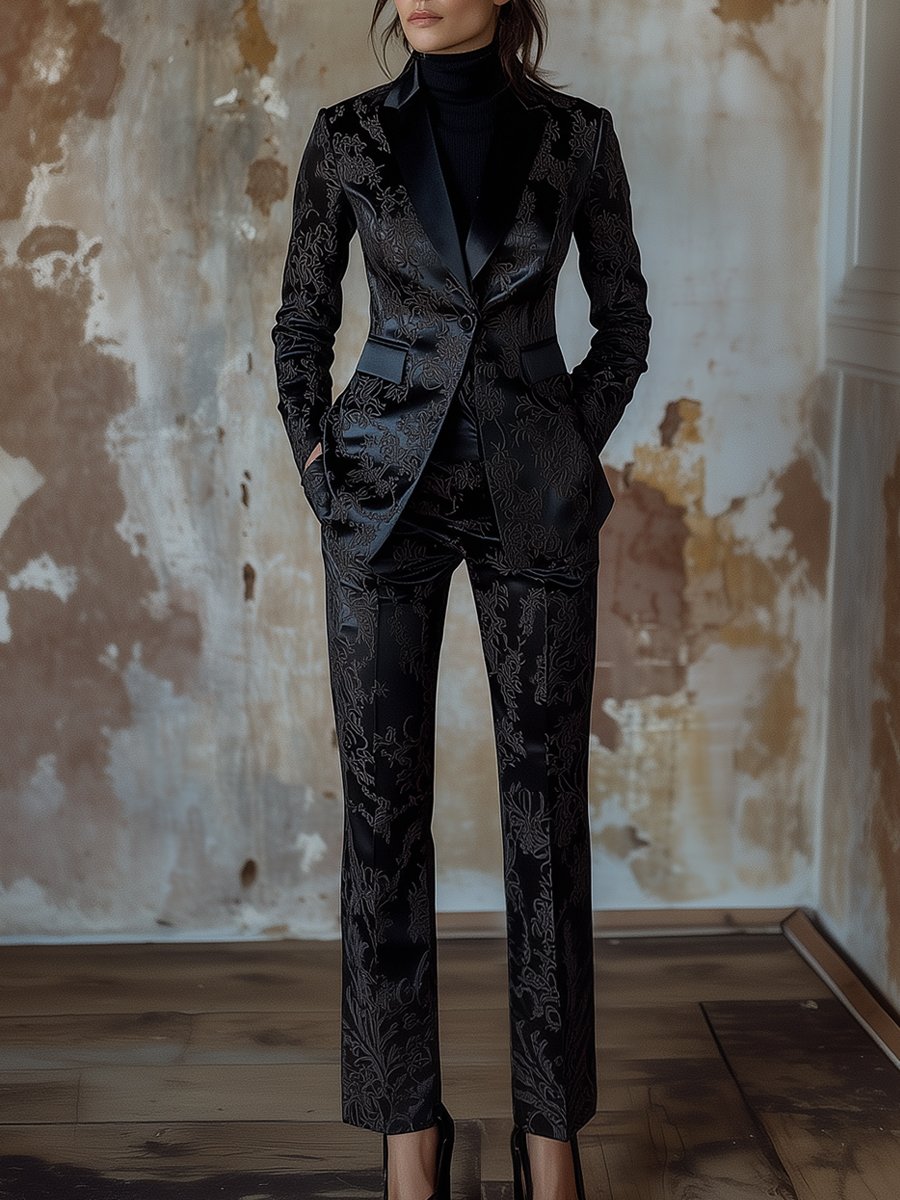 Refined Black Satin Floral Jacquard Suit for Modern Elegance