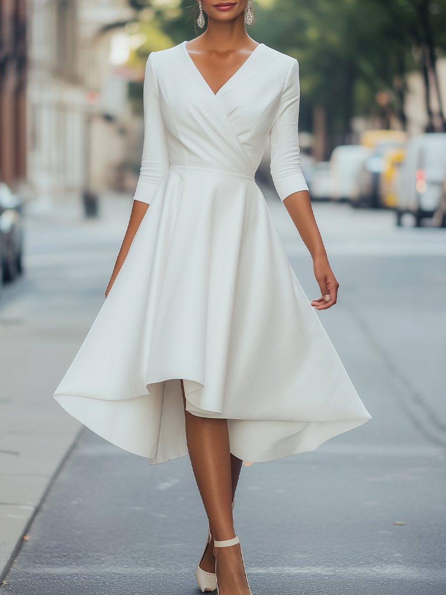 White High-Low Wrap Dress with Three-Quarter Sleeves