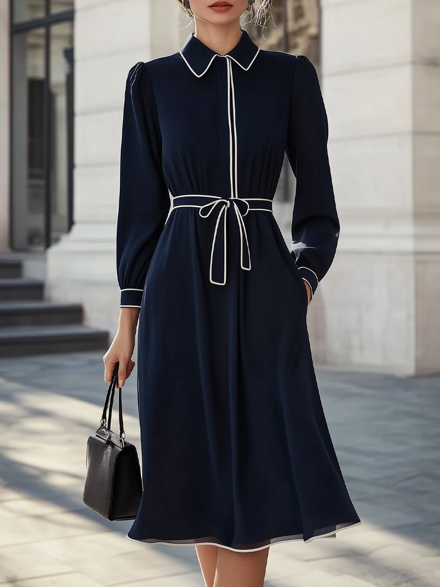 Chic Navy Dress with White Piping and Tie Waist