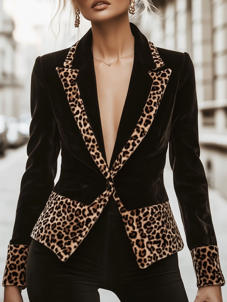 Fashionable Velvet Patchwork Leopard Print Blazer