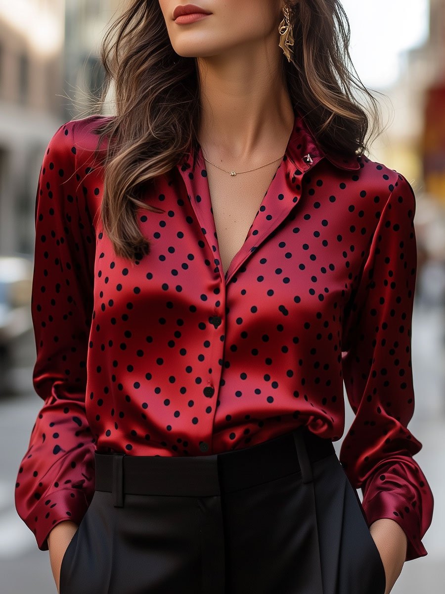 Elegant Red Polka Dot Satin Blouse