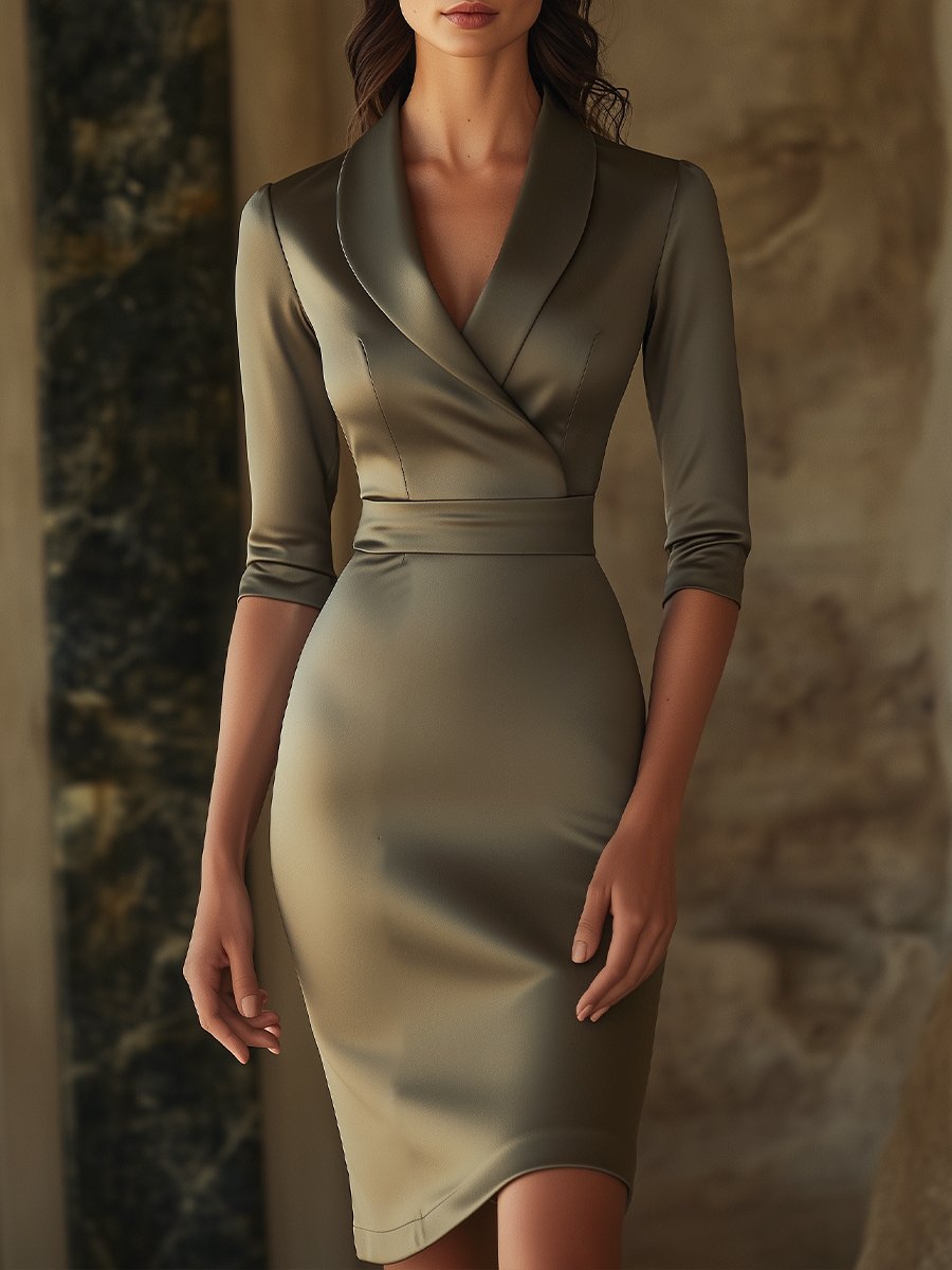 Olive Satin Wrap Dress with 3/4 Sleeves and Shawl Lapel