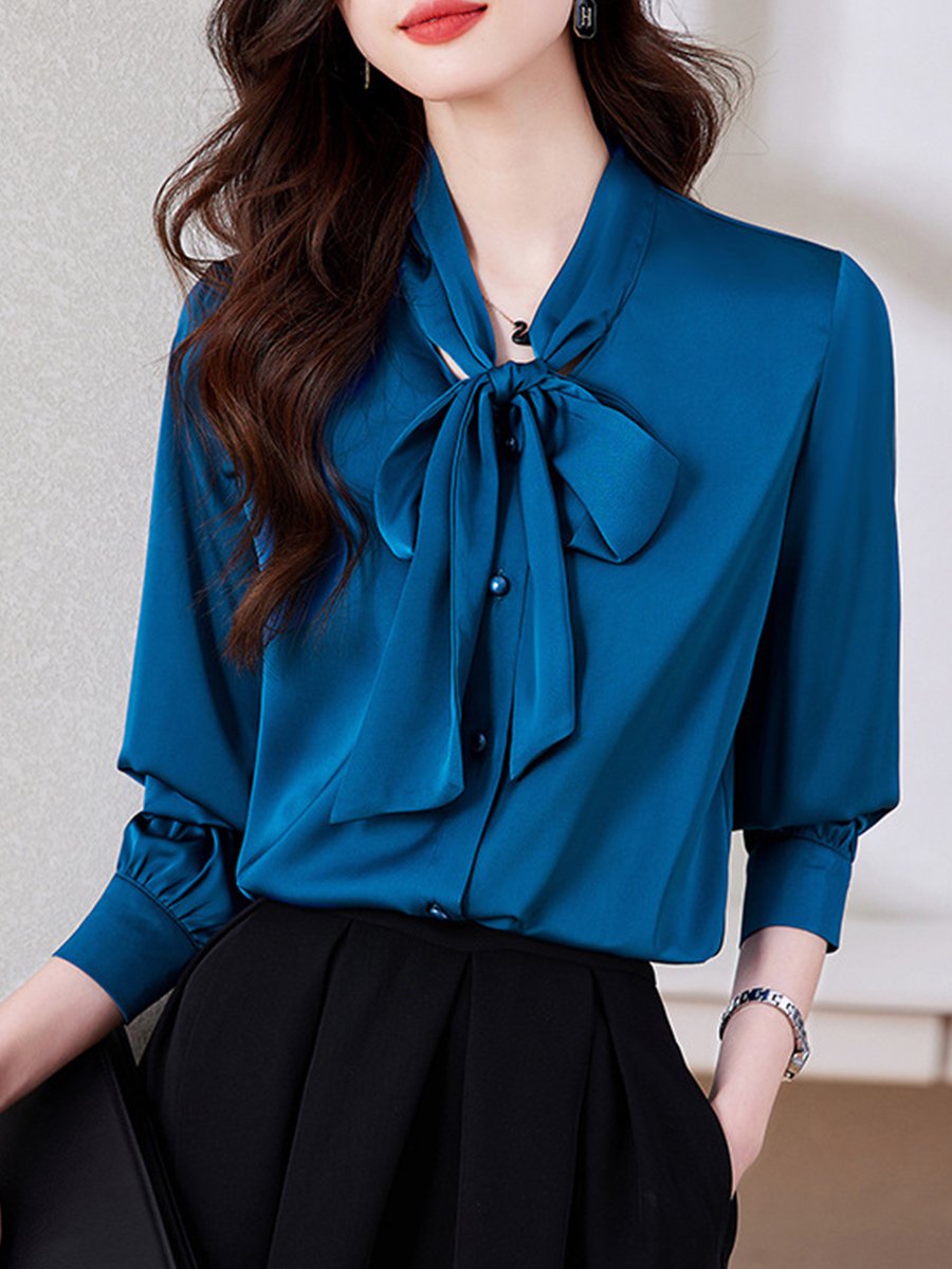 Sophisticated Teal Satin Button-Up with Bow Detail