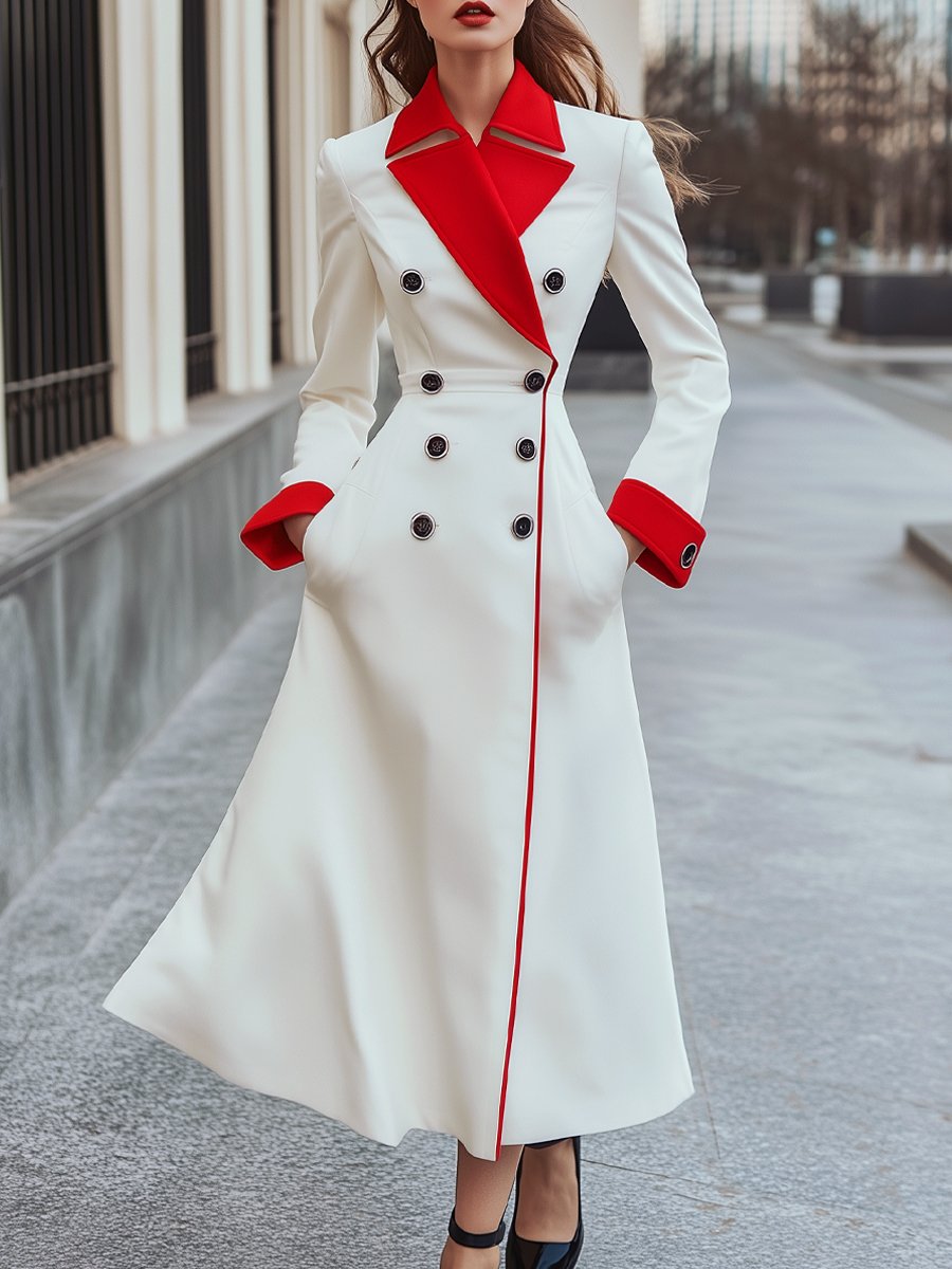 Elegant White Double-Breasted Maxi Dress with Bold Red Trim