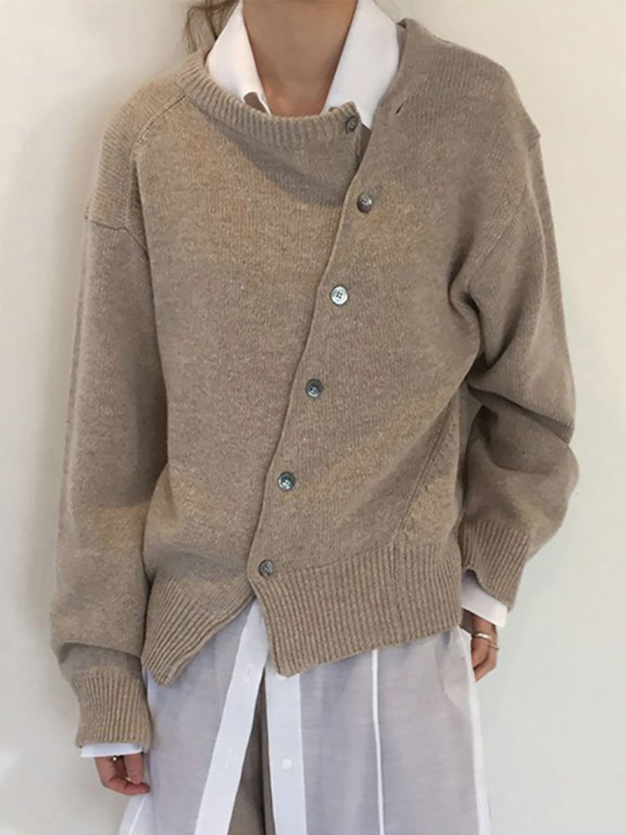 Asymmetric Buttoned Plain Cardigan