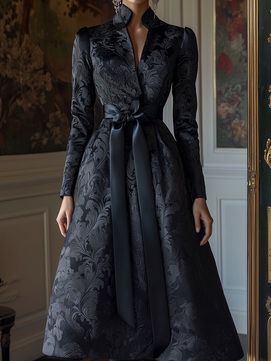 Black Satin Jacquard Dress with Elegant Floral Design and Belted Waist