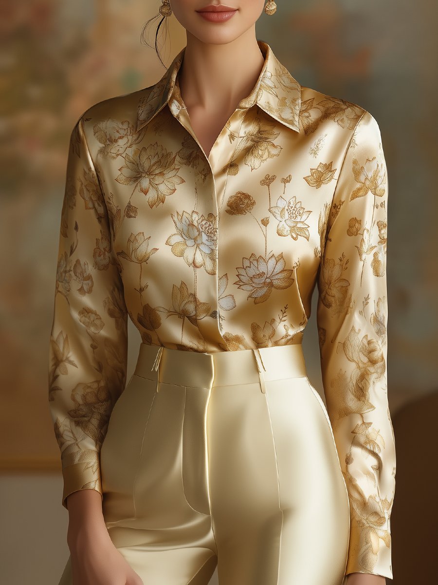 Elegant Gold Satin Blouse with Lotus Floral