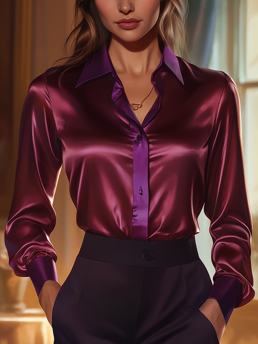 Rich Burgundy Satin Blouse with Royal Purple Trim