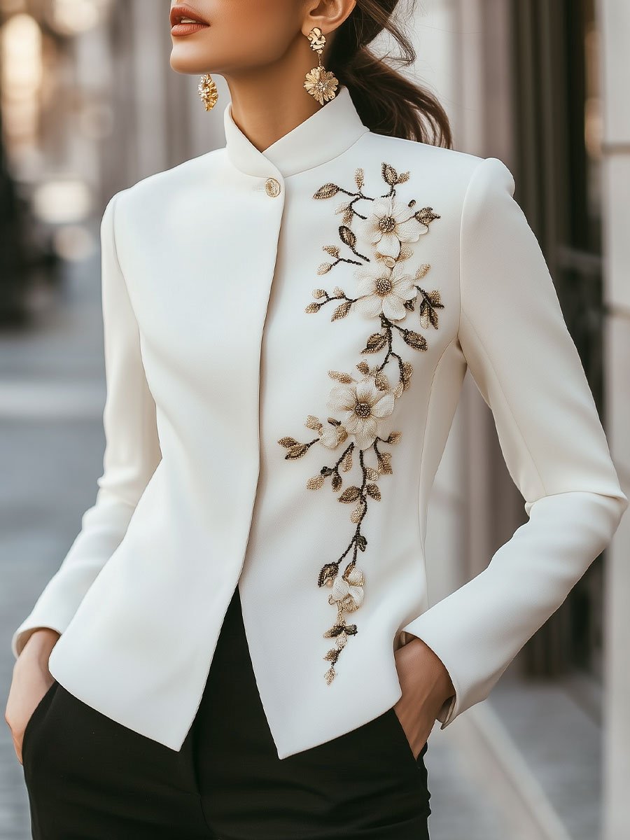 Ivory Embroidered Blazer with Gold Floral Accents