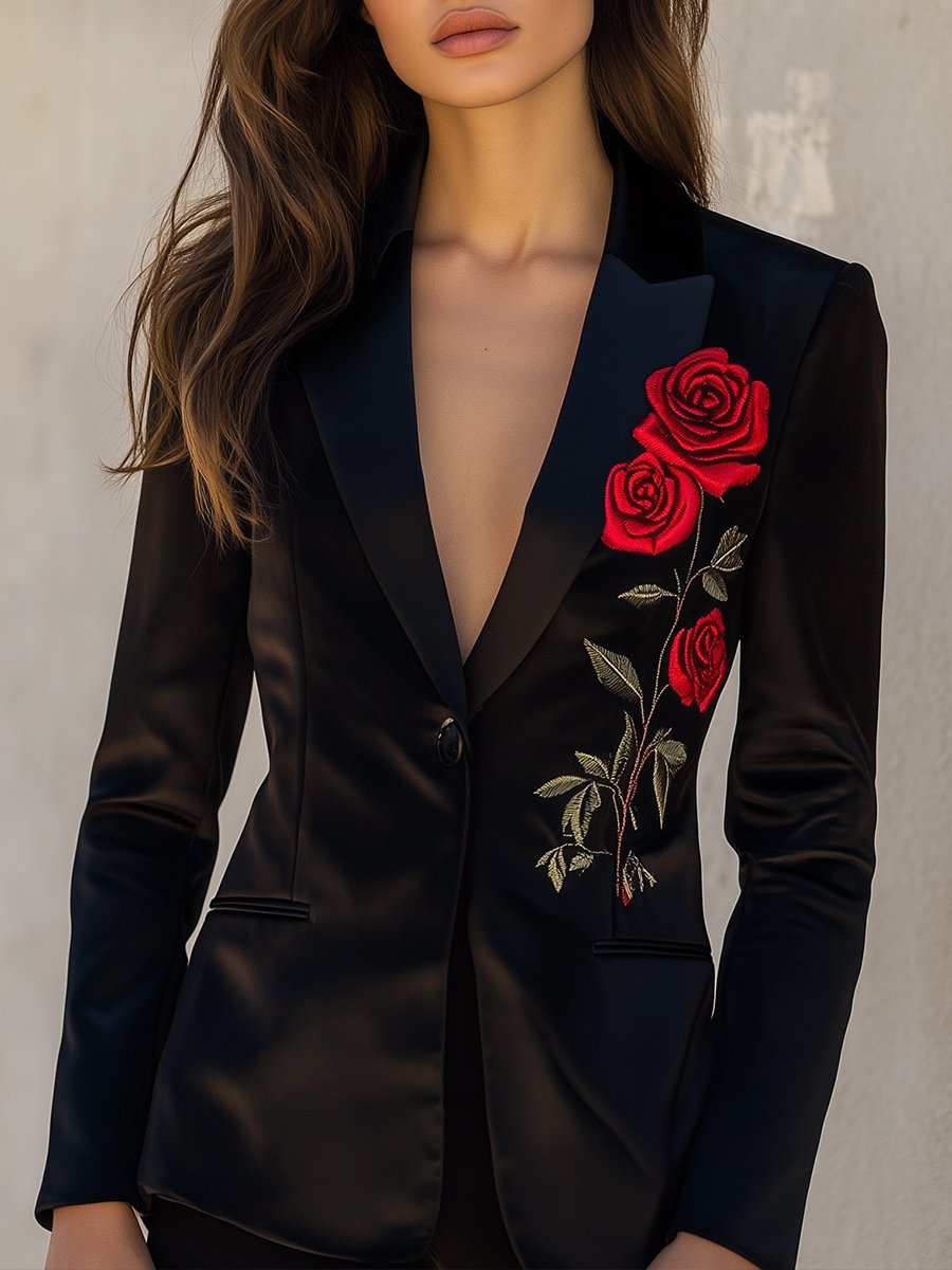 Bold Red Rose Embroidered Black Satin Blazer