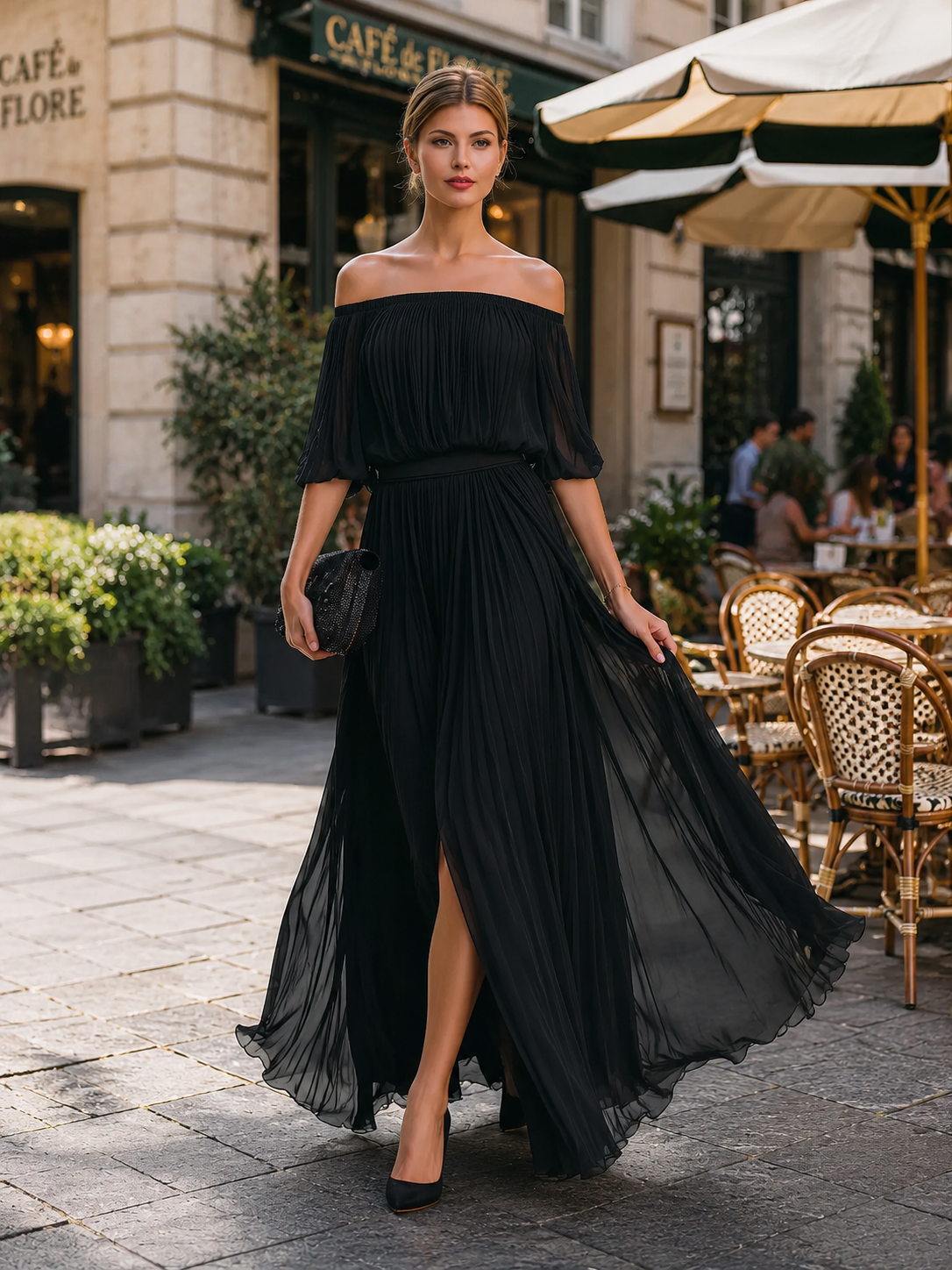 Off-Shoulder Pleated Chiffon Maxi Dress – Mooyius