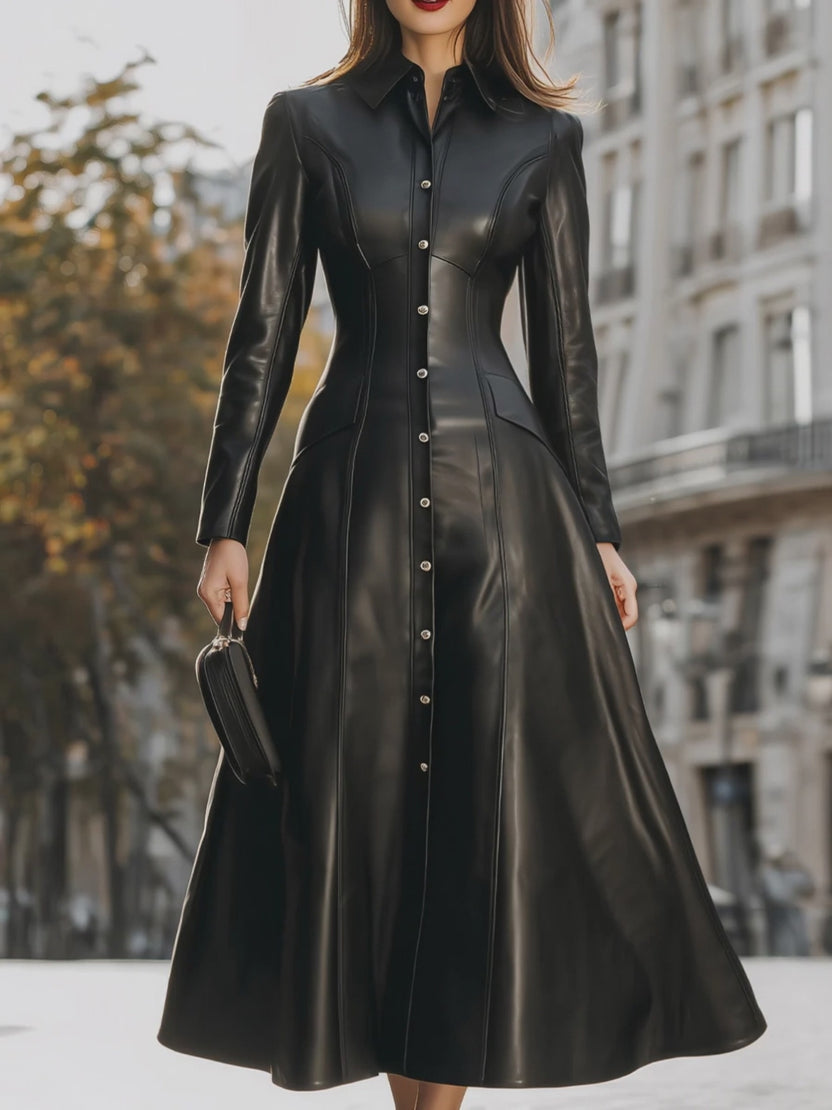 Edgy Black Faux Leather Midi Shirt Dress – Mooyius