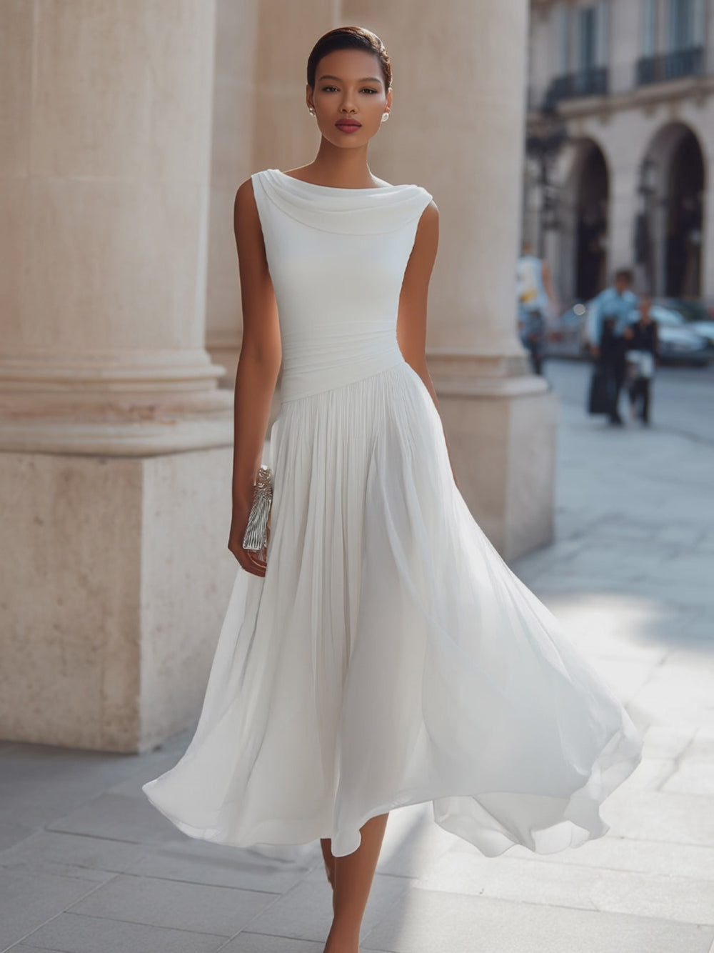 Draped Neck Sleeveless Pleated Midi Dress – Mooyius